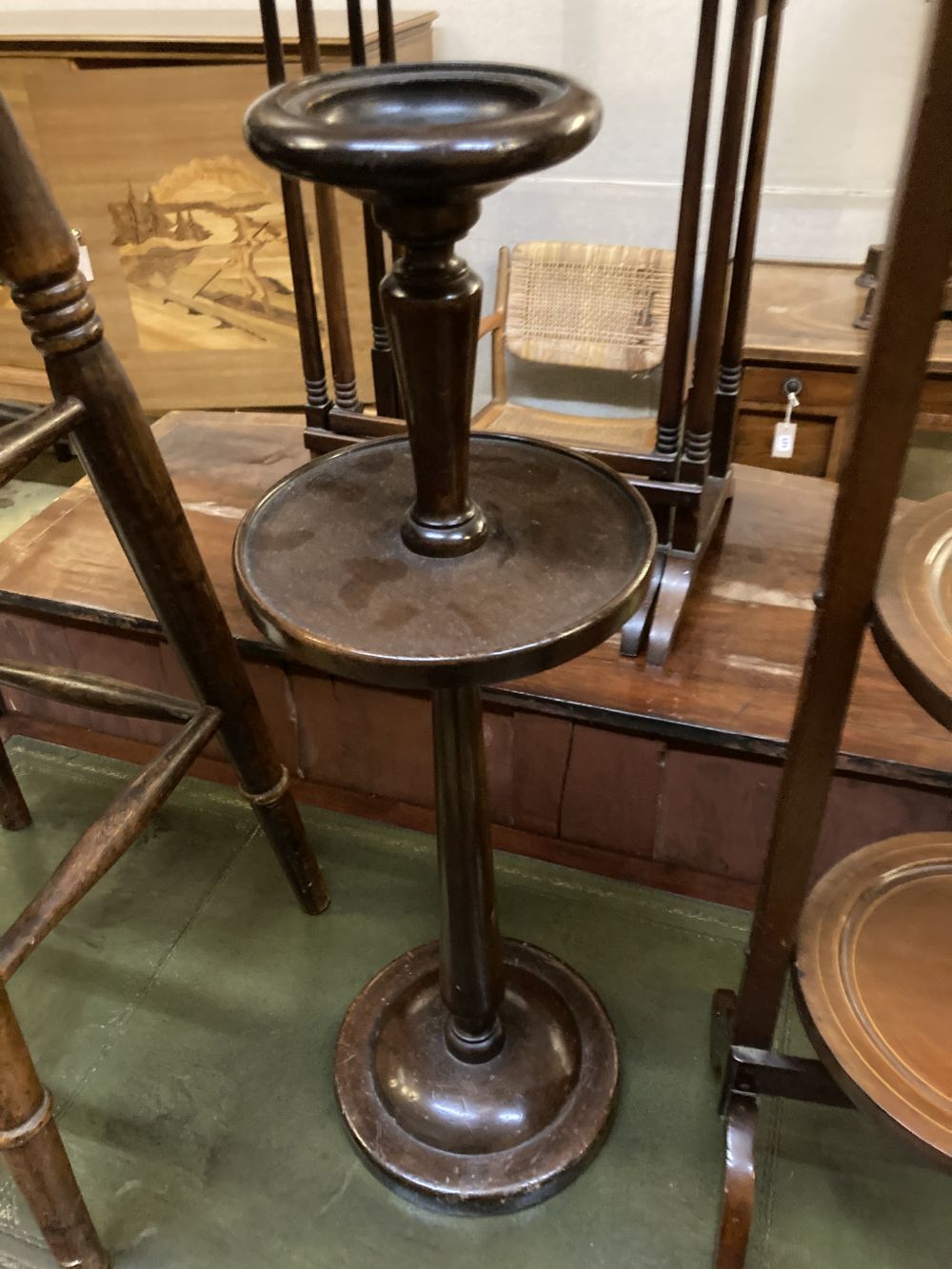 An Edwardian folding cake stand, a beech bar stool and a smokers stand